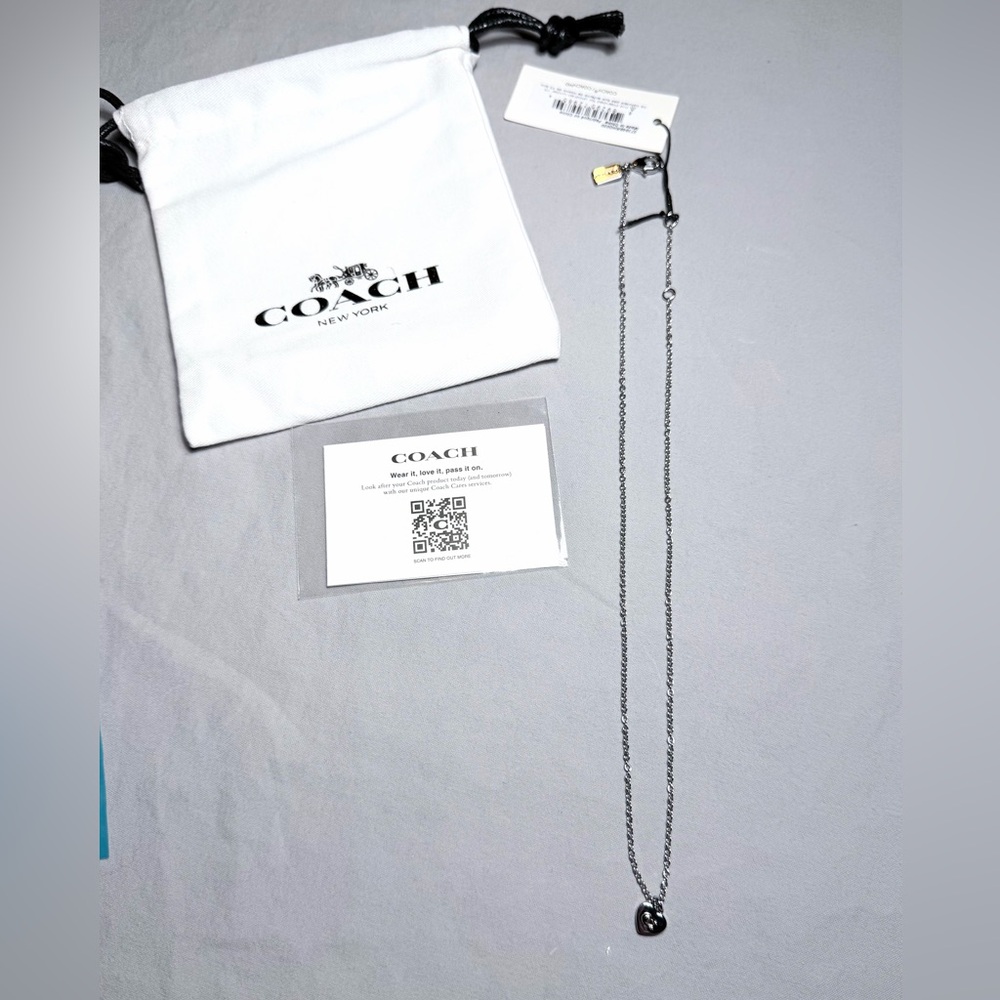 Coach Silver Necklace With Heart Shaped Pendant And Dust Bag NWT